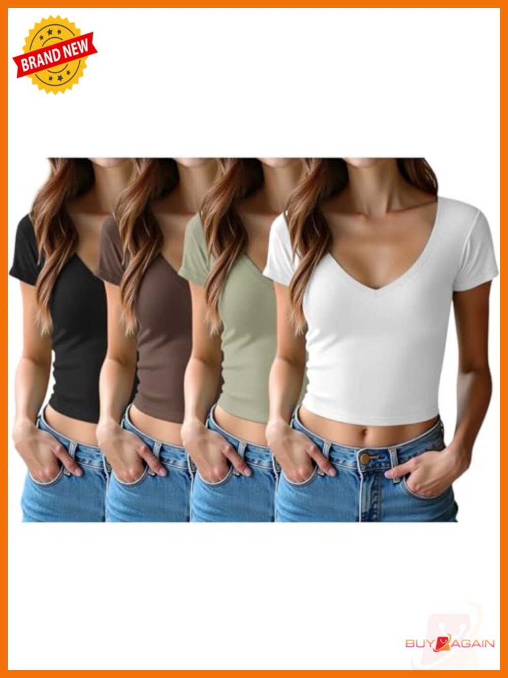 4 Pack Cotton V Neck Crop Tops Short Sleeve Tees